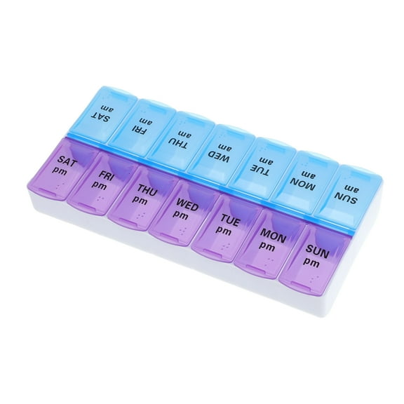 Unique Bargains Compact 14 Grids Double Row Pill Box for Travel and Daily Use Purple Blue