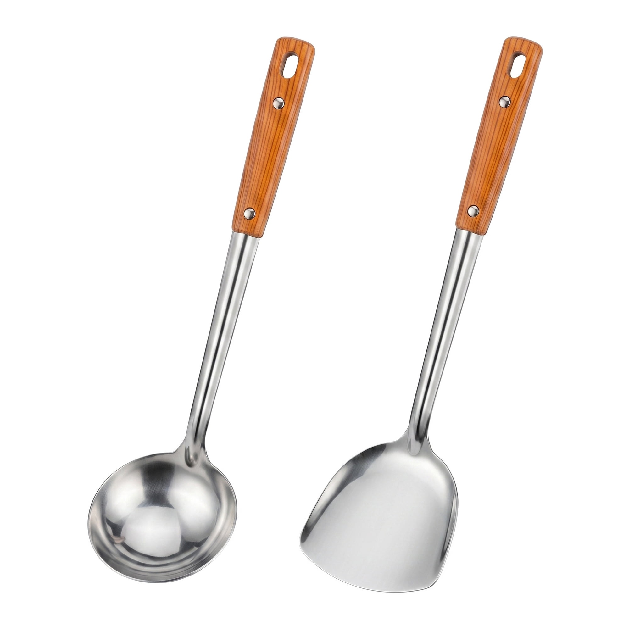 Unique Bargains Cooking Utensil Set, Stainless Steel Kitchen Gadgets Silver-Wood A 2pcs