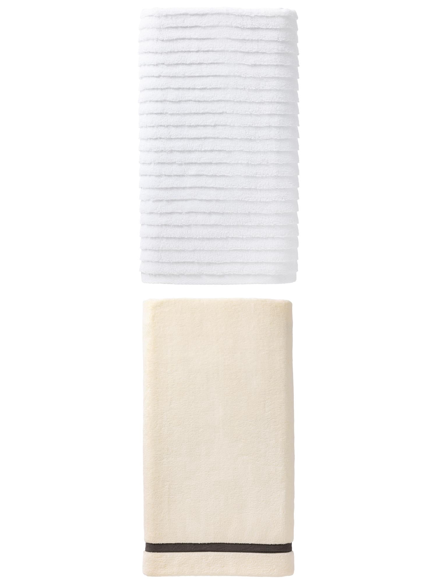 Unique Bargains Coral Fleece Cotton Bath Towel 2 Pack Beige/White 63" x 31"/55" x 28"
