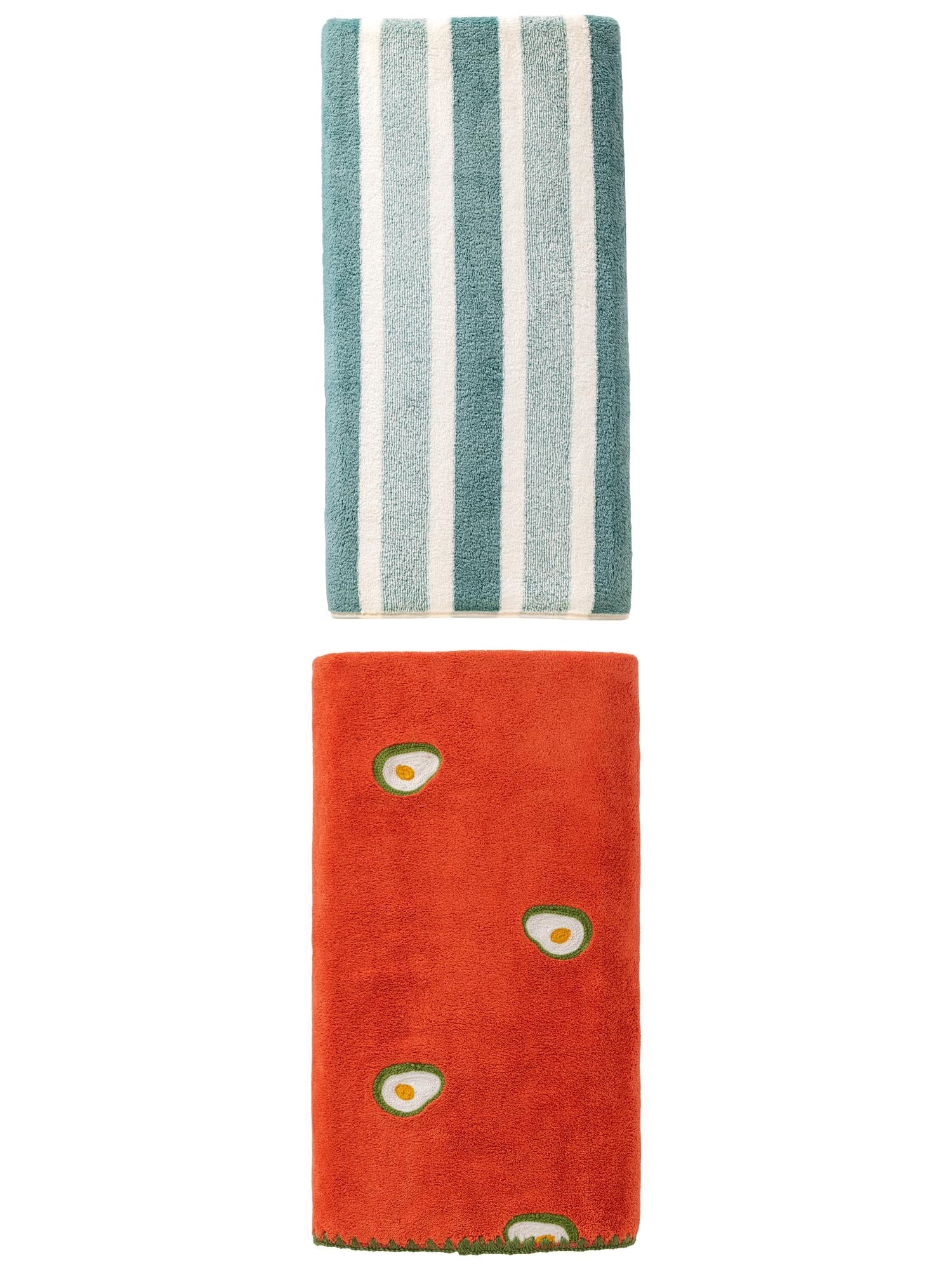 Unique Bargains Coral Fleece Towels Striped Green/Avocado Red 71" x 35"/55" x 28"
