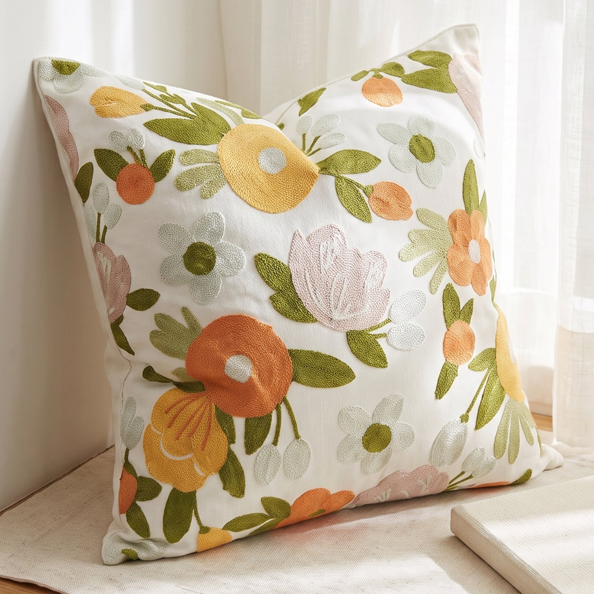 Unique Bargains Cotton 3D Embroidered Throw Pillow Cushion Cover Orange Floral 18" x 18"