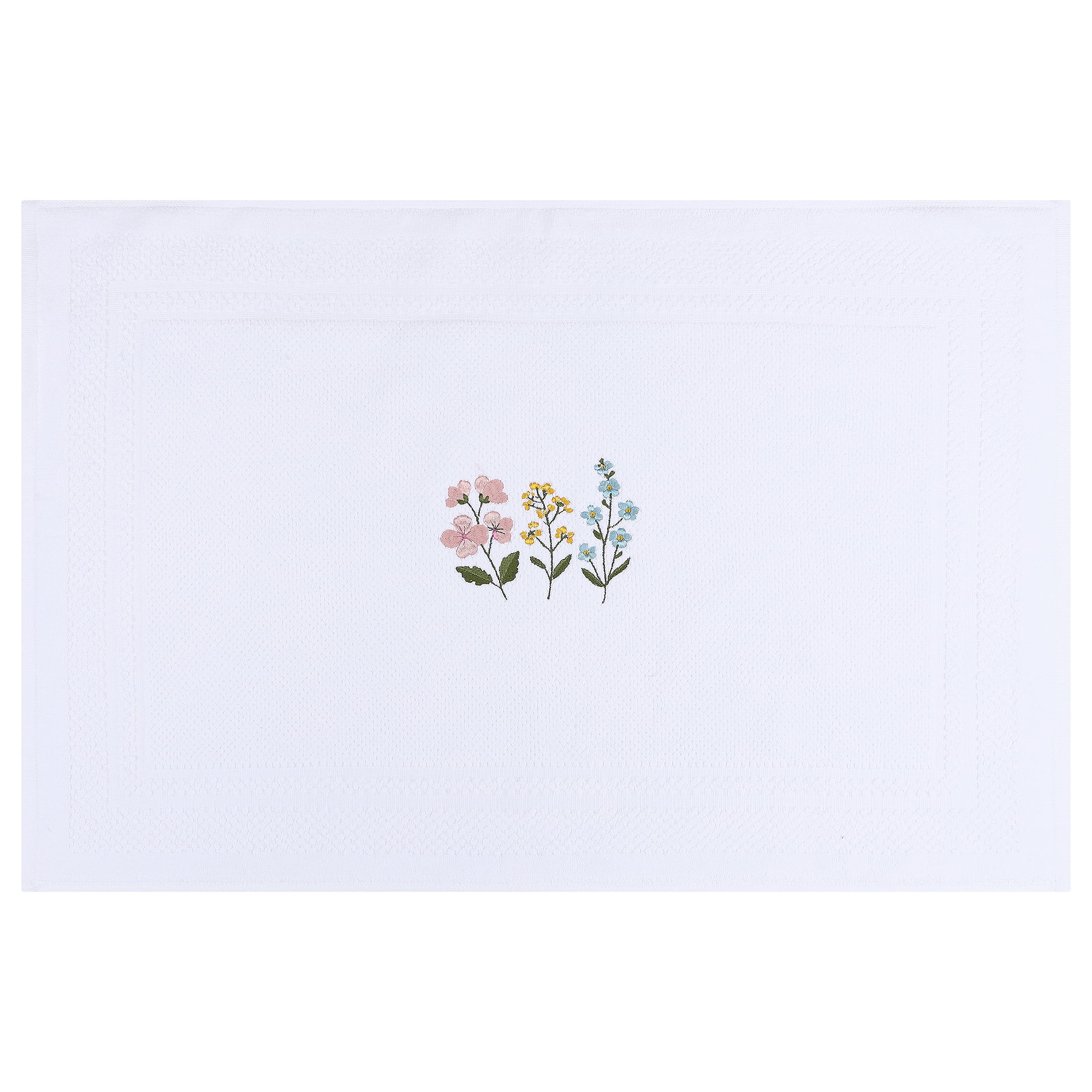 Unique Bargains Cotton Bathroom Absorbent Floral Embroidered Washable Mat White 24"x16"