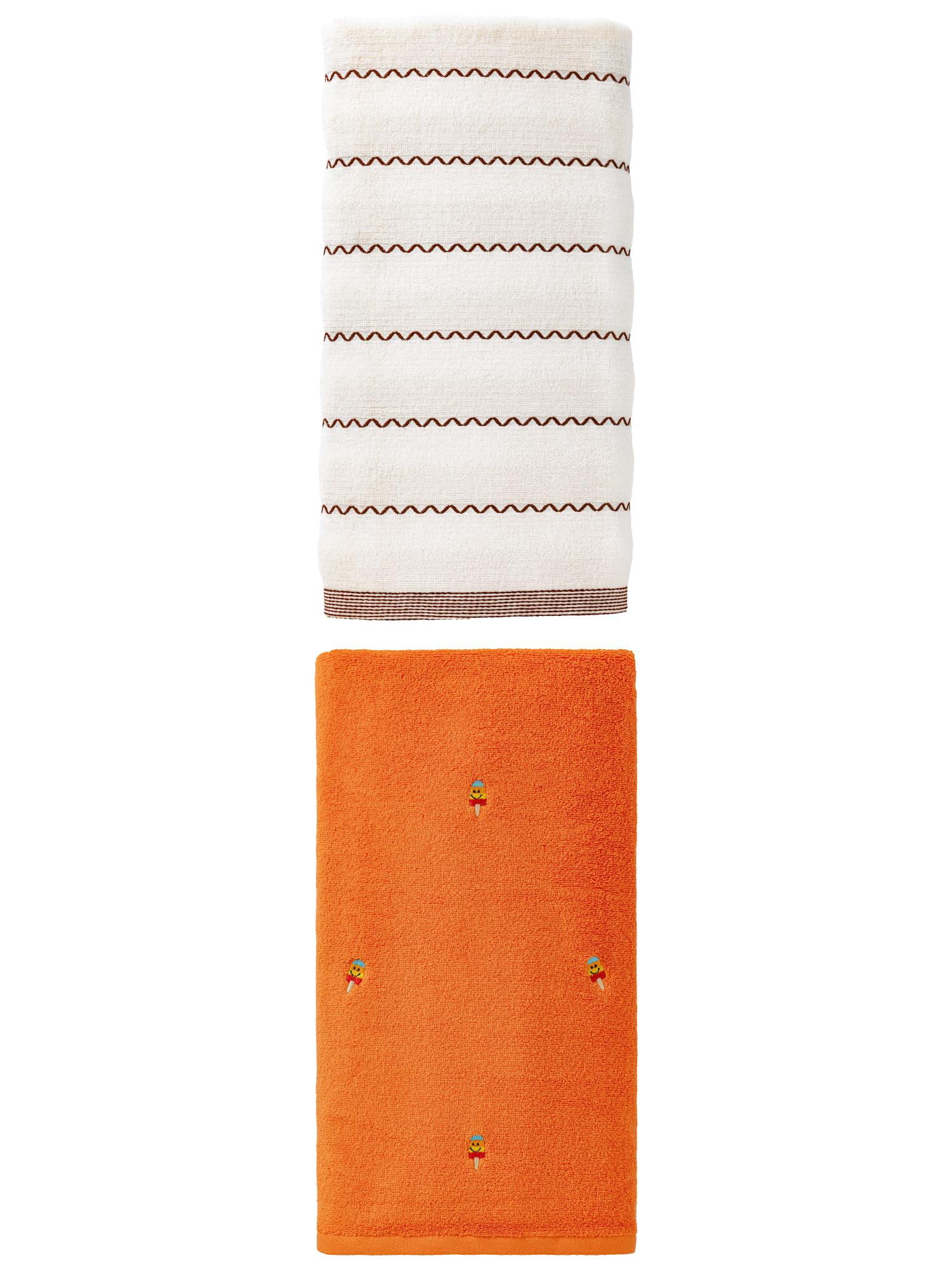 Unique Bargains Cotton Easy Care Bath Towel 2 Pack Orange/White 55" x 28"