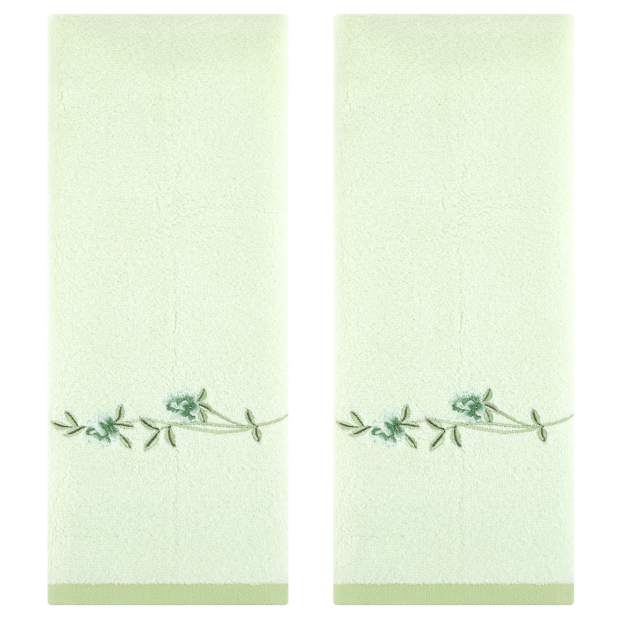 Unique Bargains Cotton Floral Embroidered Absorbent Towel Set Green 2 Pcs