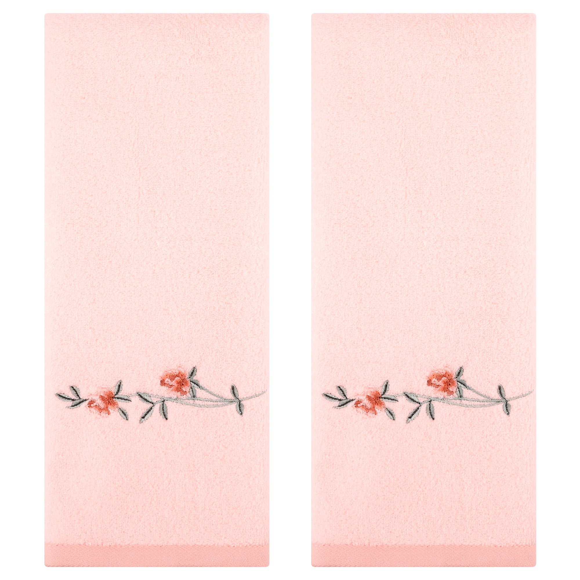 Unique Bargains Cotton Floral Embroidered Absorbent Towel Set Pink 2 Pcs