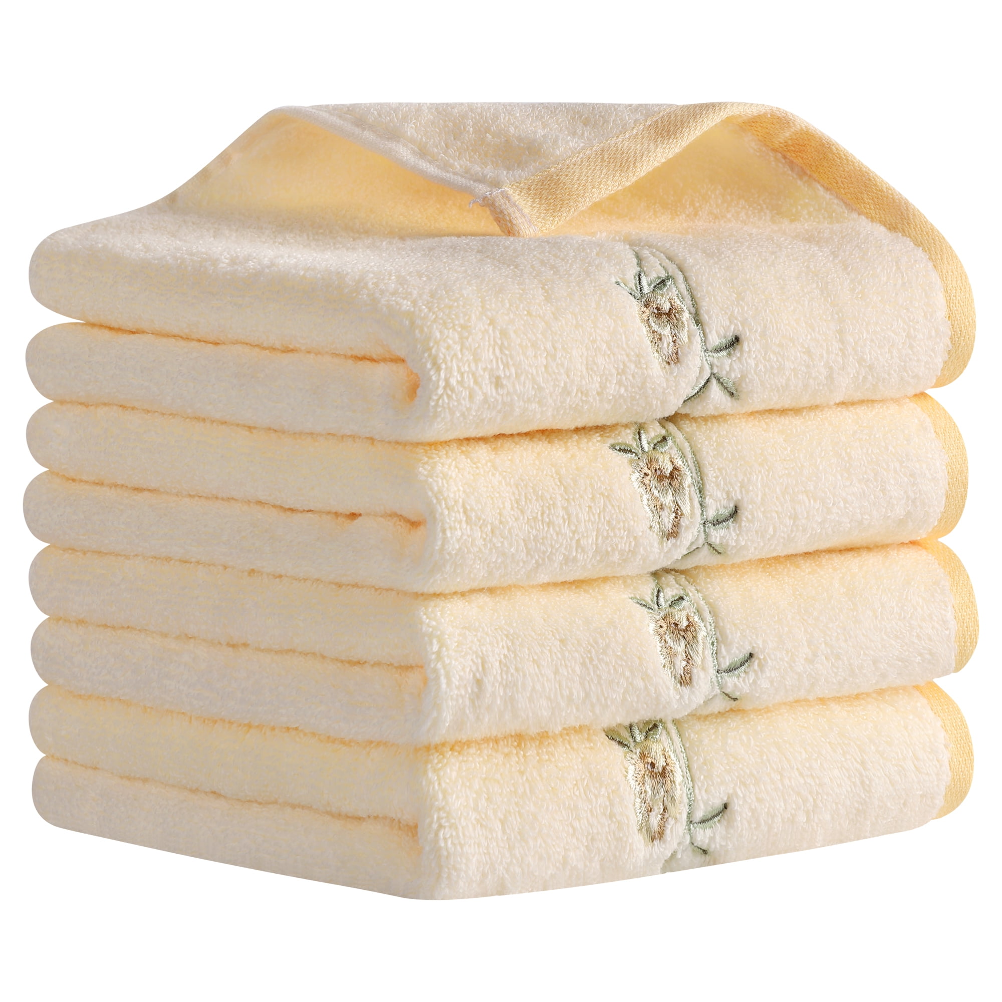 Unique Bargains Cotton Floral Embroidered Absorbent Towel Set Yellow 4 Pcs