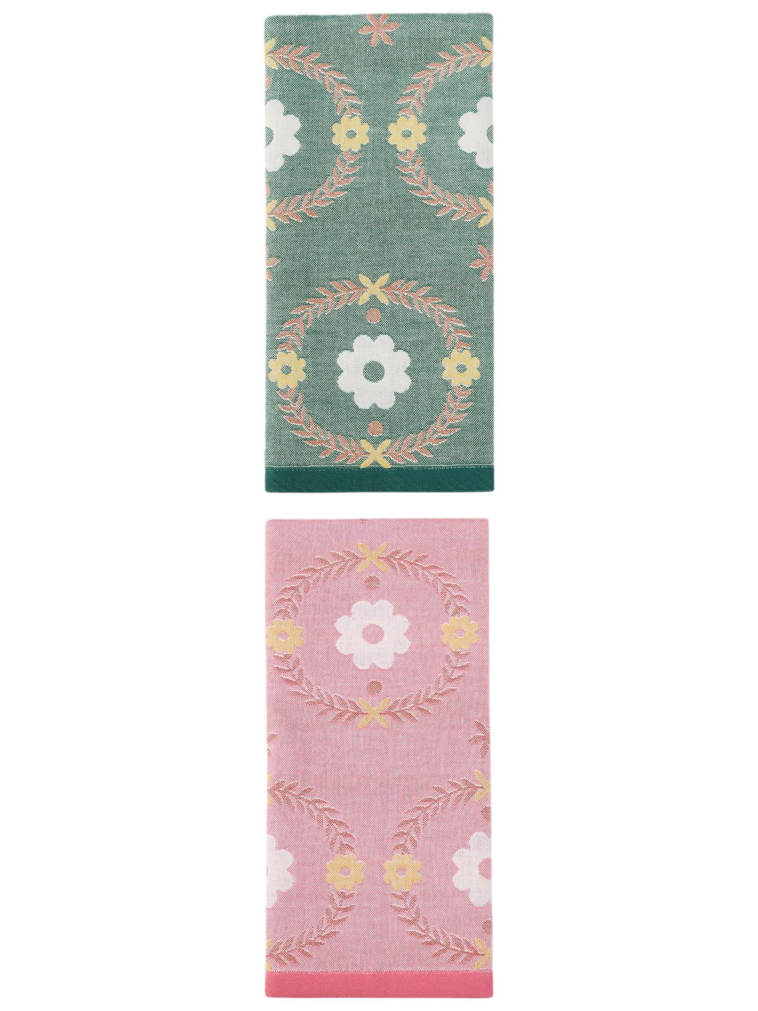 Unique Bargains Cotton Floral Jacquard Hand Towel Soft Absorbent Green/Pink 29" x 13"