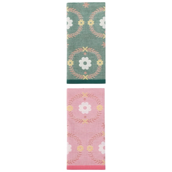 Unique Bargains Cotton Floral Jacquard Hand Towel Soft Absorbent Green/Pink 29" x 13"