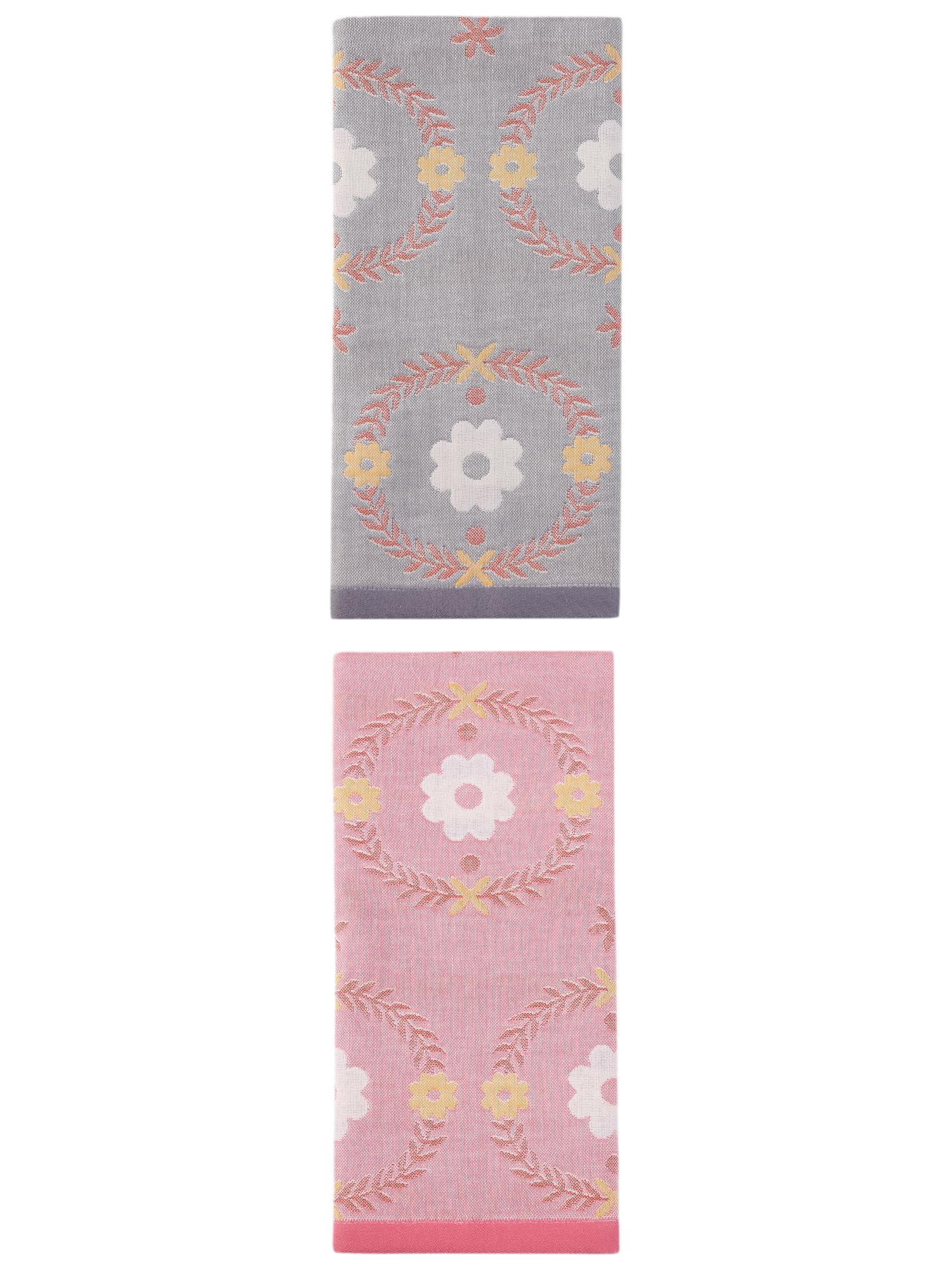 Unique Bargains Cotton Floral Jacquard Hand Towel Soft Absorbent Green Pink/Grey 29" x 13"