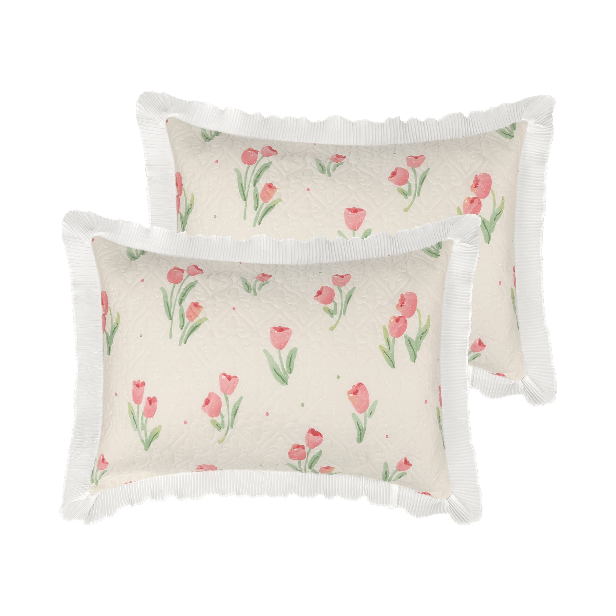 Unique Bargains Cotton Floral Ruffle Trim Pillow Shams Set of 2 with Envelope Closure  White Queen