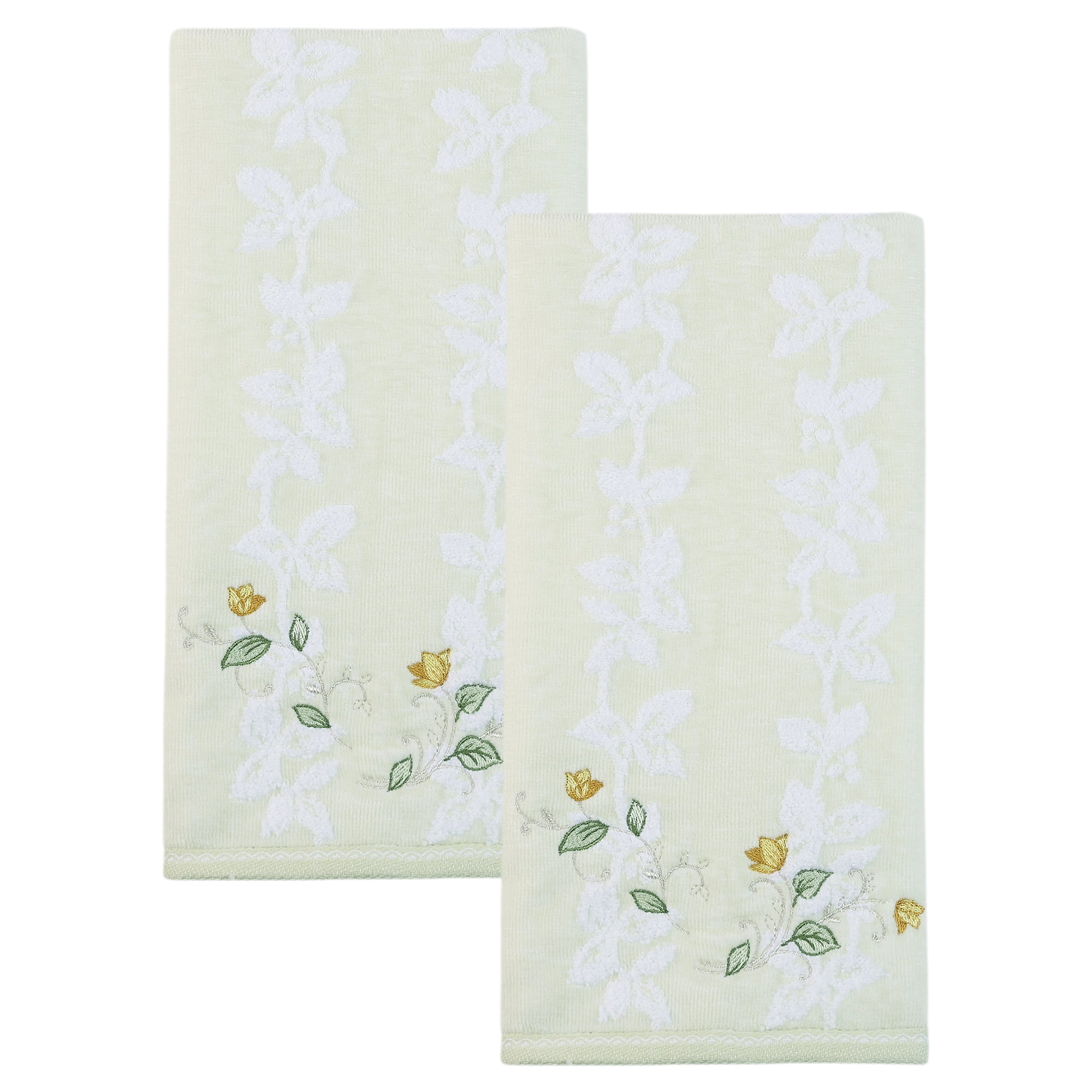 Unique Bargains Cotton Jacquard Hand Towels with Floral Embroidery Green 2pcs 27" x 13"