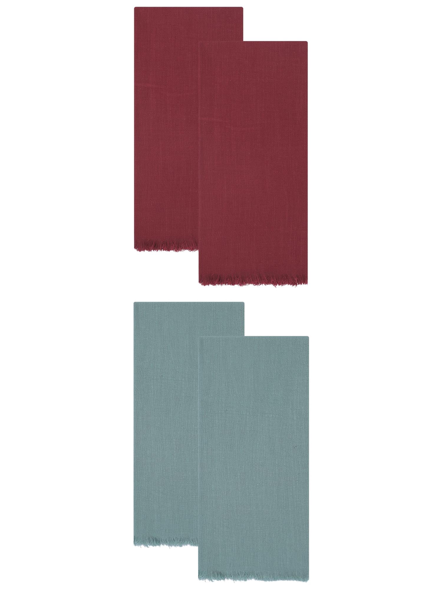 Unique Bargains Cotton Linen Absorbent Kitchen Towels 4 Pack Light Green/Claret 18" x 18"