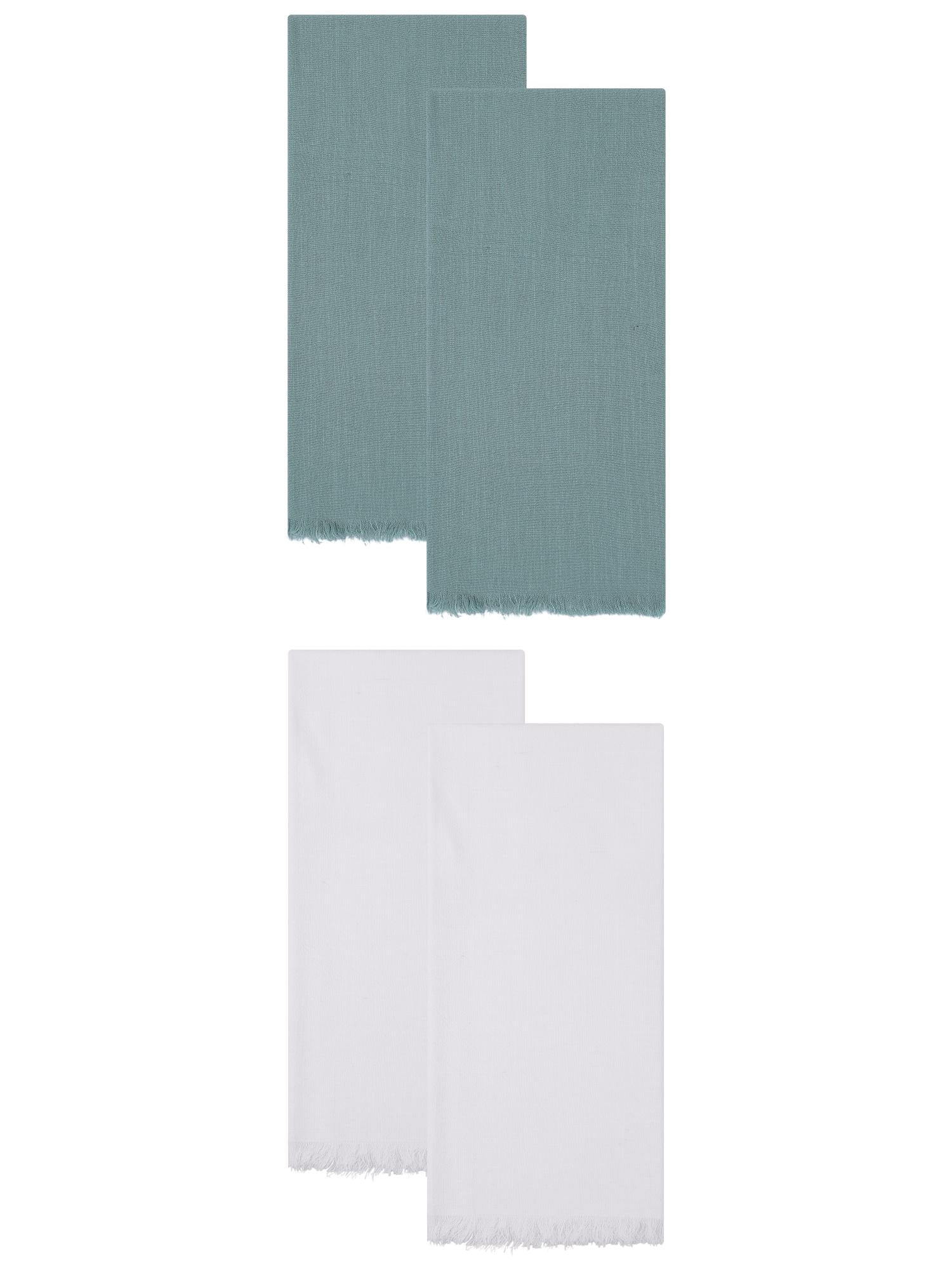 Unique Bargains Cotton Linen Absorbent Kitchen Towels 4 Pack White/Light Green 18" x 18"