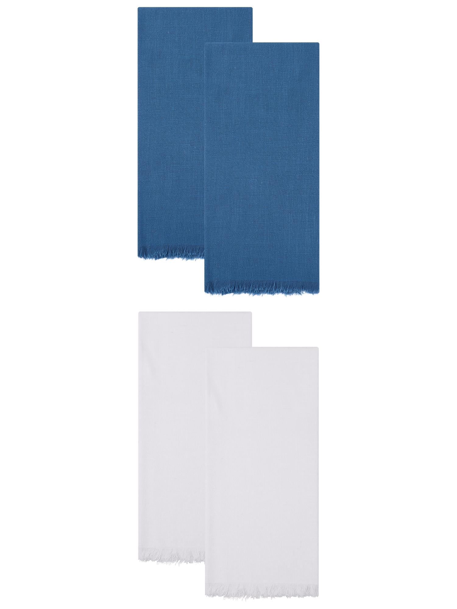 Unique Bargains Cotton Linen Absorbent Soft Kitchen Towels 4 Pack White/Blue 18" x 18"