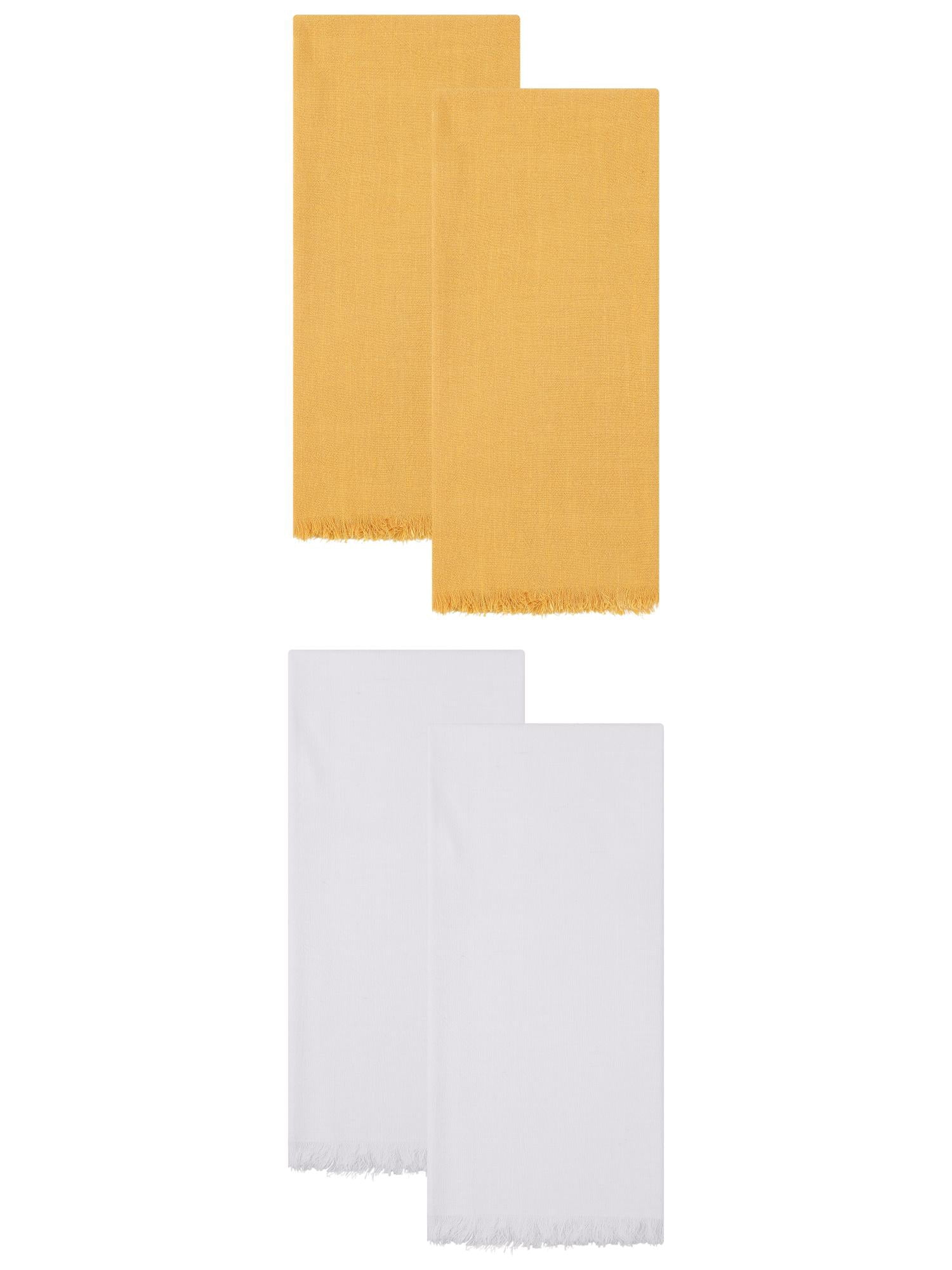 Unique Bargains Cotton Linen Absorbent Soft Kitchen Towels 4 Pack White/Yellow 18" x 18"
