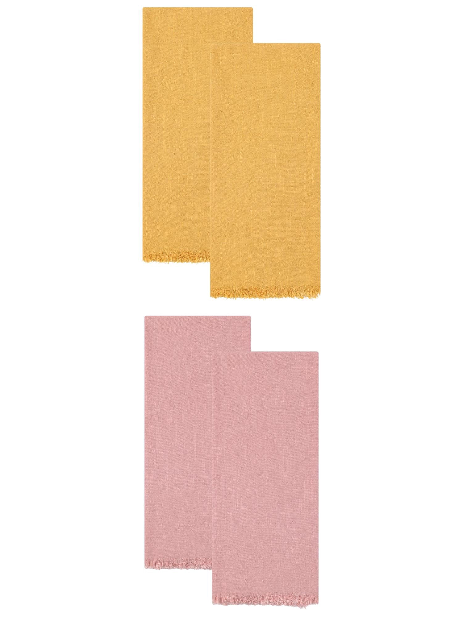 Unique Bargains Cotton Linen Absorbent Soft Kitchen Towels 4 Pack Yellow/Pink 18" x 18"