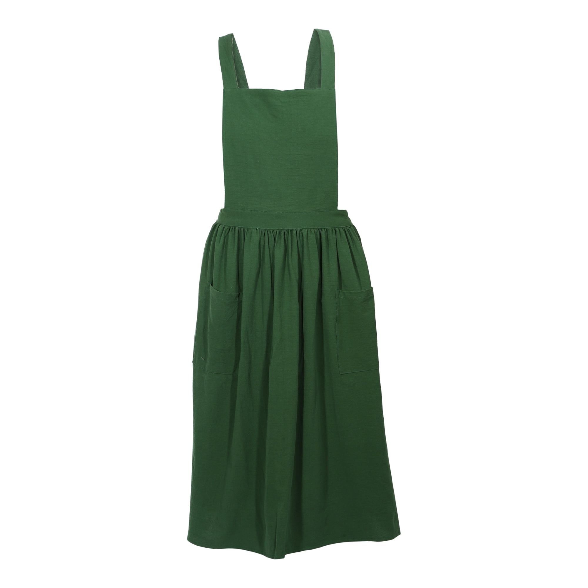 Unique Bargains Cotton Linen Cross Back Apron with Pockets Green