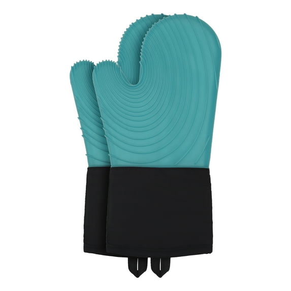 Unique Bargains Cotton Oven Mitts Heat-Resistant Cooking Gloves Cyan 13.4x7.1inch
