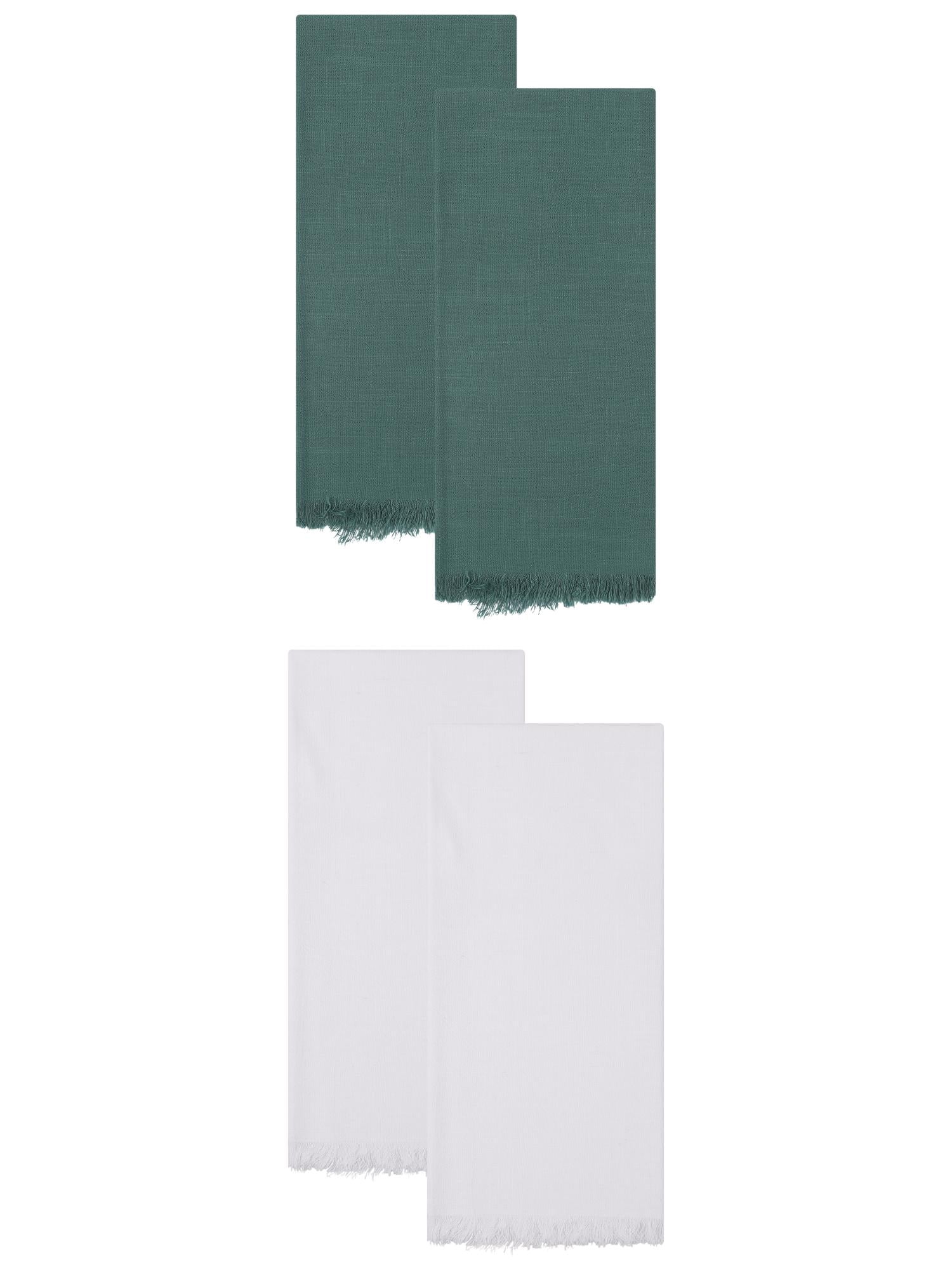 Unique Bargains Cotton Quick Dry Linen Kitchen Towels 4 Pack White/Dark Green 18" x 18"