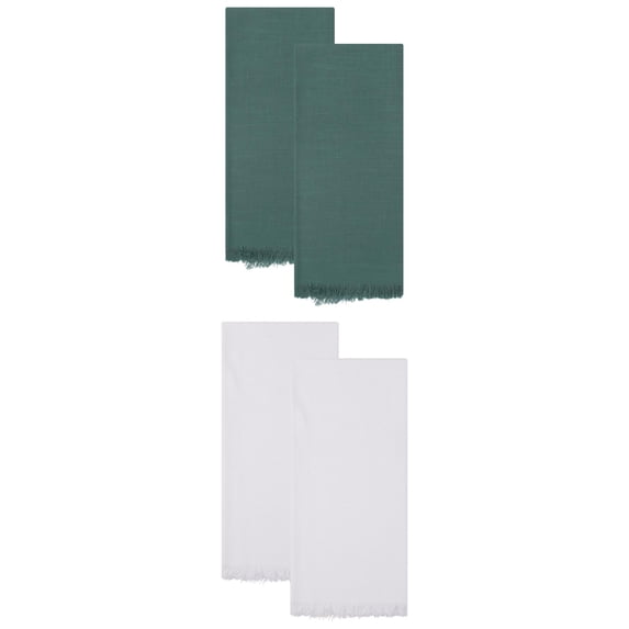 Unique Bargains Cotton Quick Dry Linen Kitchen Towels 4 Pack White/Dark Green 18" x 18"