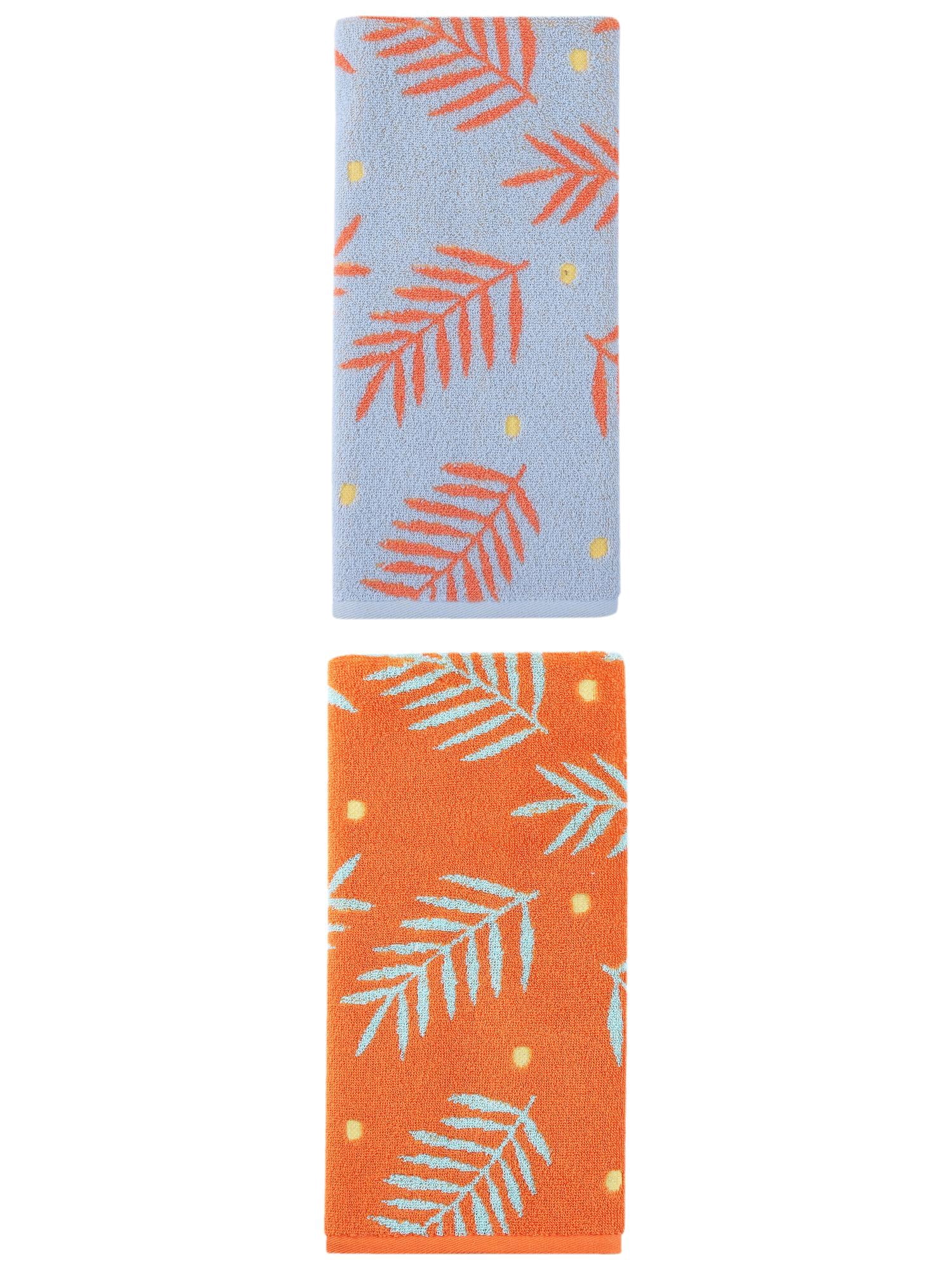 Unique Bargains Cotton Soft Hand Towel Leaf Pattern Absorbent Towel Orange/Blue 29" x 13"