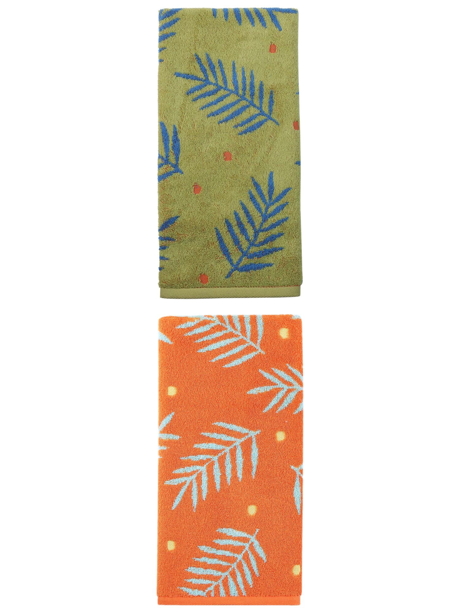 Unique Bargains Cotton Soft Hand Towel Leaf Pattern Absorbent Towel Orange/Green 29" x 13"