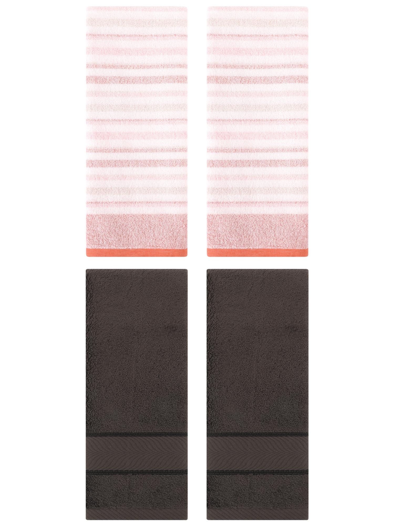 Unique Bargains Cotton Soft Striped Hand Towel 4 Pcs Pink/Dark Brown 13" x 27"/14" x 30"