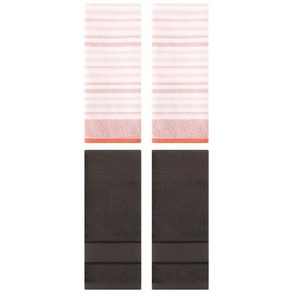 Unique Bargains Cotton Soft Striped Hand Towel 4 Pcs Pink/Dark Brown 13" x 27"/14" x 30"