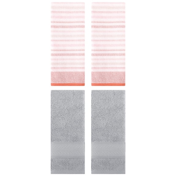 Unique Bargains Cotton Soft Striped Hand Towel 4 Pcs Pink/Light Grey 13" x 27"/14" x 30"