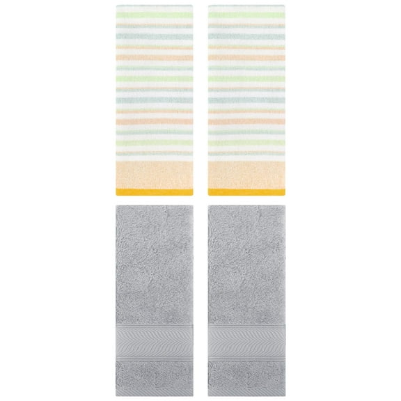 Unique Bargains Cotton Soft Striped Hand Towel 4 Pcs Yellow/Light Grey 13" x 27"/14" x 30"