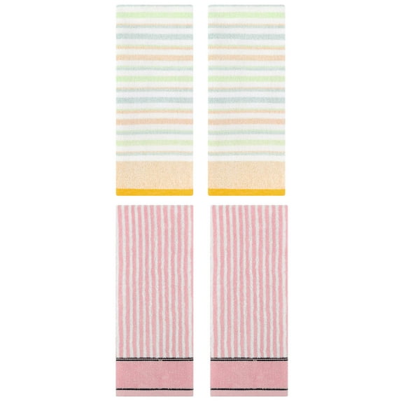 Unique Bargains Cotton Soft Striped Hand Towel 4 Pcs Yellow/Pink 13" x 27"/13" x 29"
