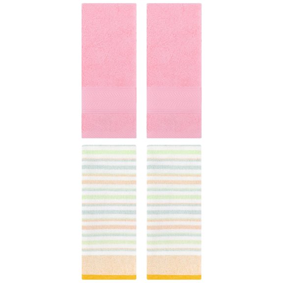 Unique Bargains Cotton Soft Striped Hand Towel 4 Pcs Yellow/Pink 13" x 27"/14" x 30"