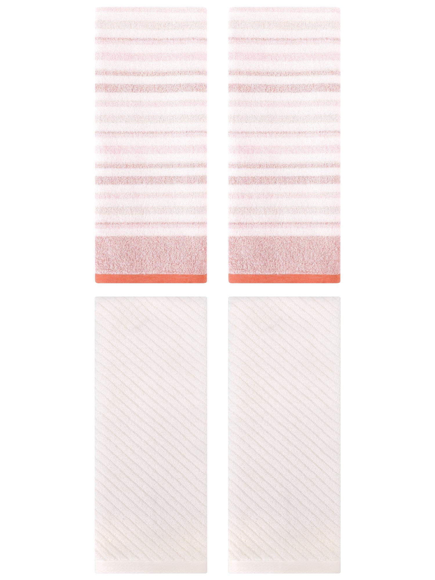 Unique Bargains Cotton Striped Hand Towel 4 Pcs Pink/Beige 13" x 27"/14" x 30"