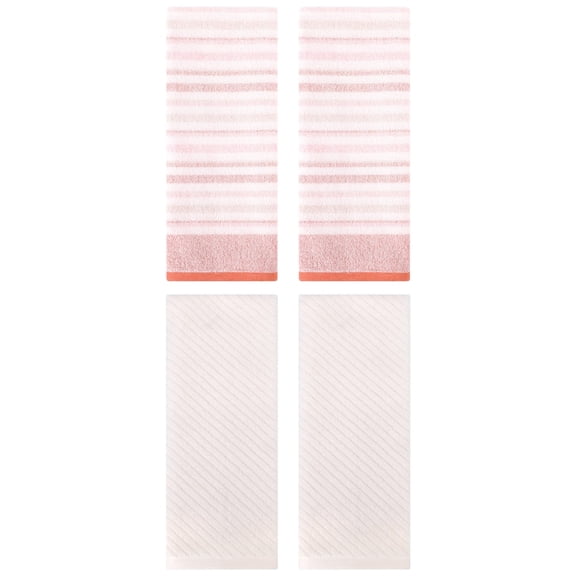 Unique Bargains Cotton Striped Hand Towel 4 Pcs Pink/Beige 13" x 27"/14" x 30"