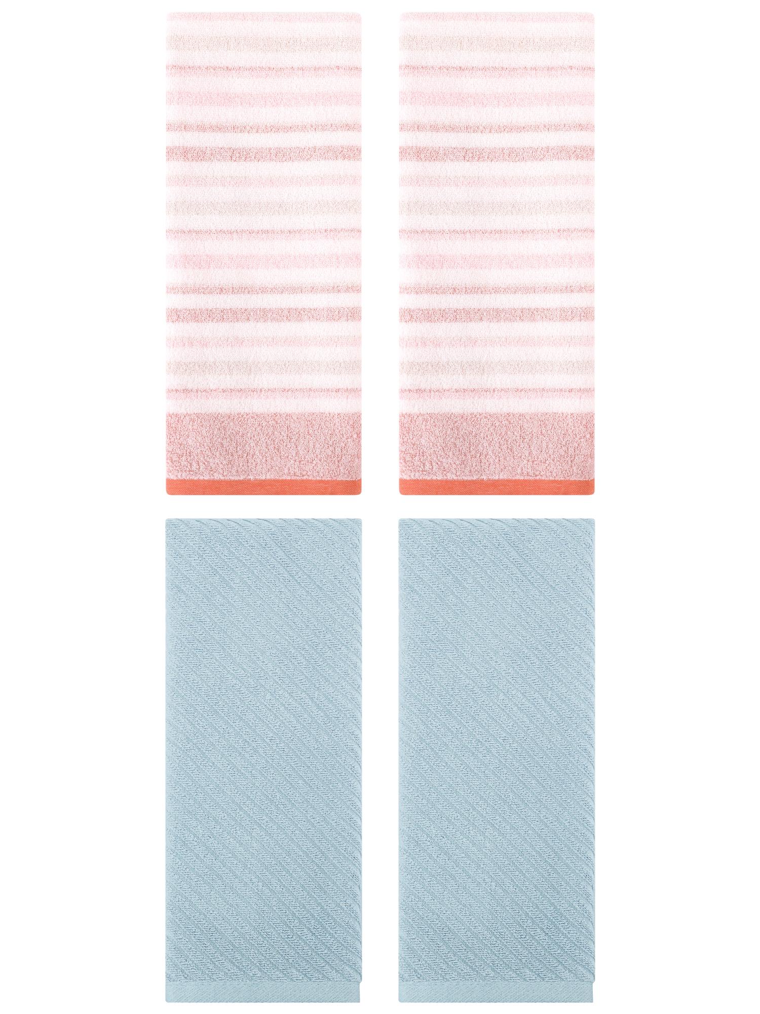 Unique Bargains Cotton Striped Hand Towel 4 Pcs Pink/Blue 13" x 27"/14" x 30"