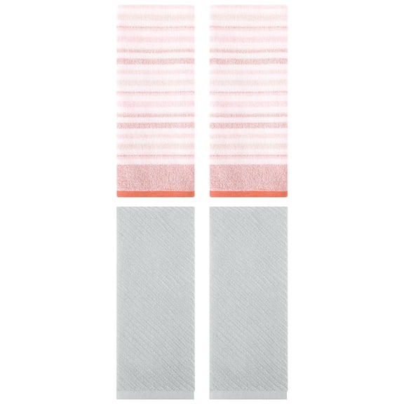 Unique Bargains Cotton Striped Hand Towel 4 Pcs Pink/Grey 13" x 27"/14" x 30"
