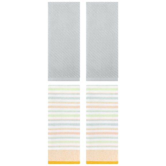Unique Bargains Cotton Striped Hand Towel 4 Pcs Yellow/Grey 13" x 27"/14" x 30"