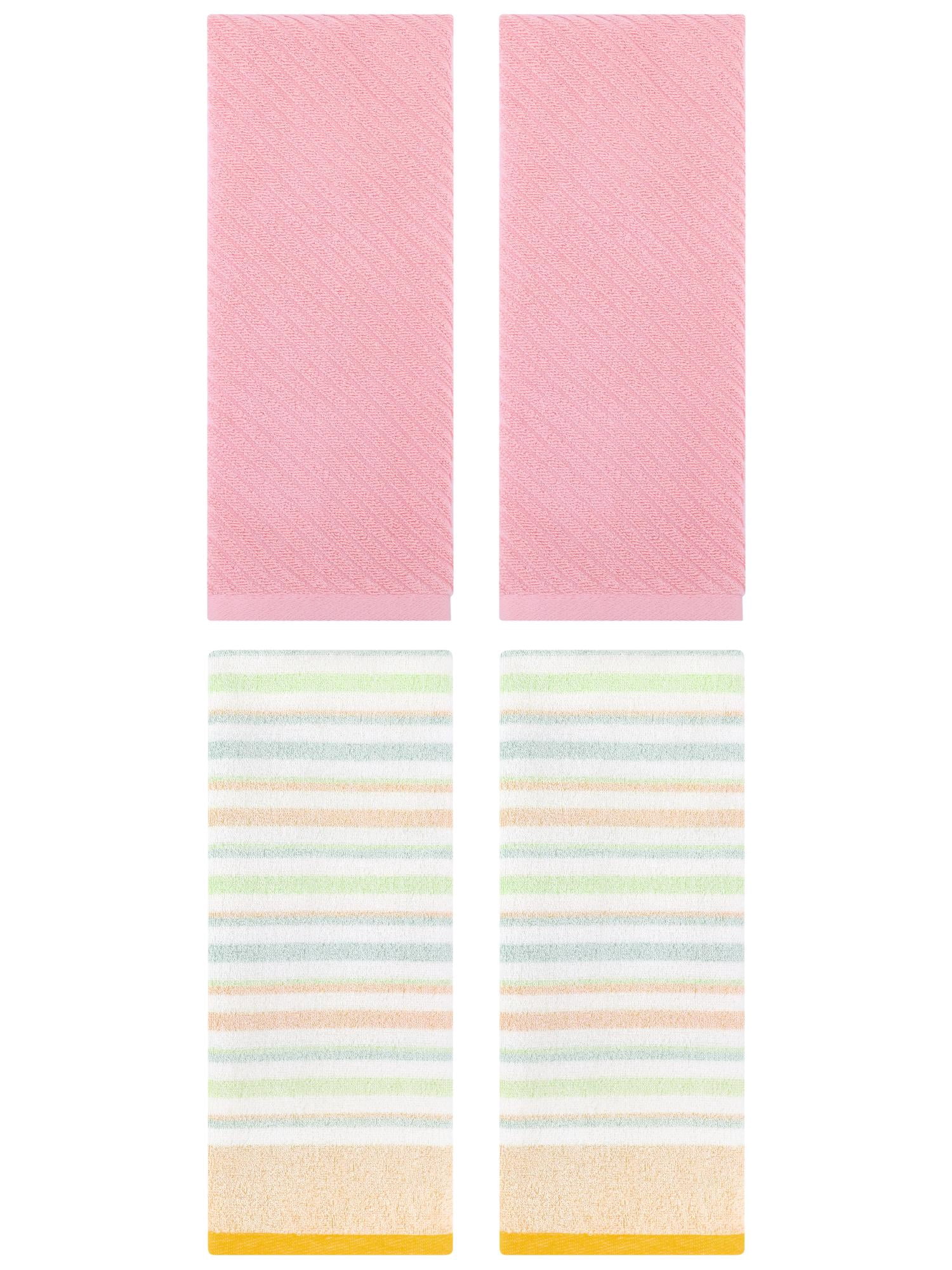 Unique Bargains Cotton Striped Hand Towel 4 Pcs Yellow/Pink 13" x 27"/14" x 30"