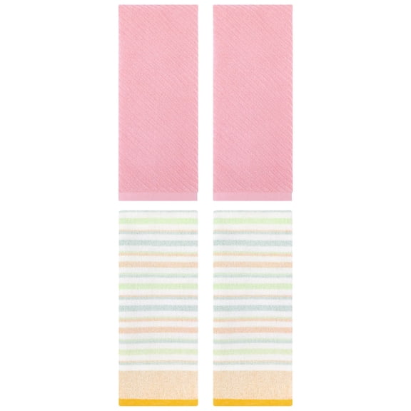 Unique Bargains Cotton Striped Hand Towel 4 Pcs Yellow/Pink 13" x 27"/14" x 30"