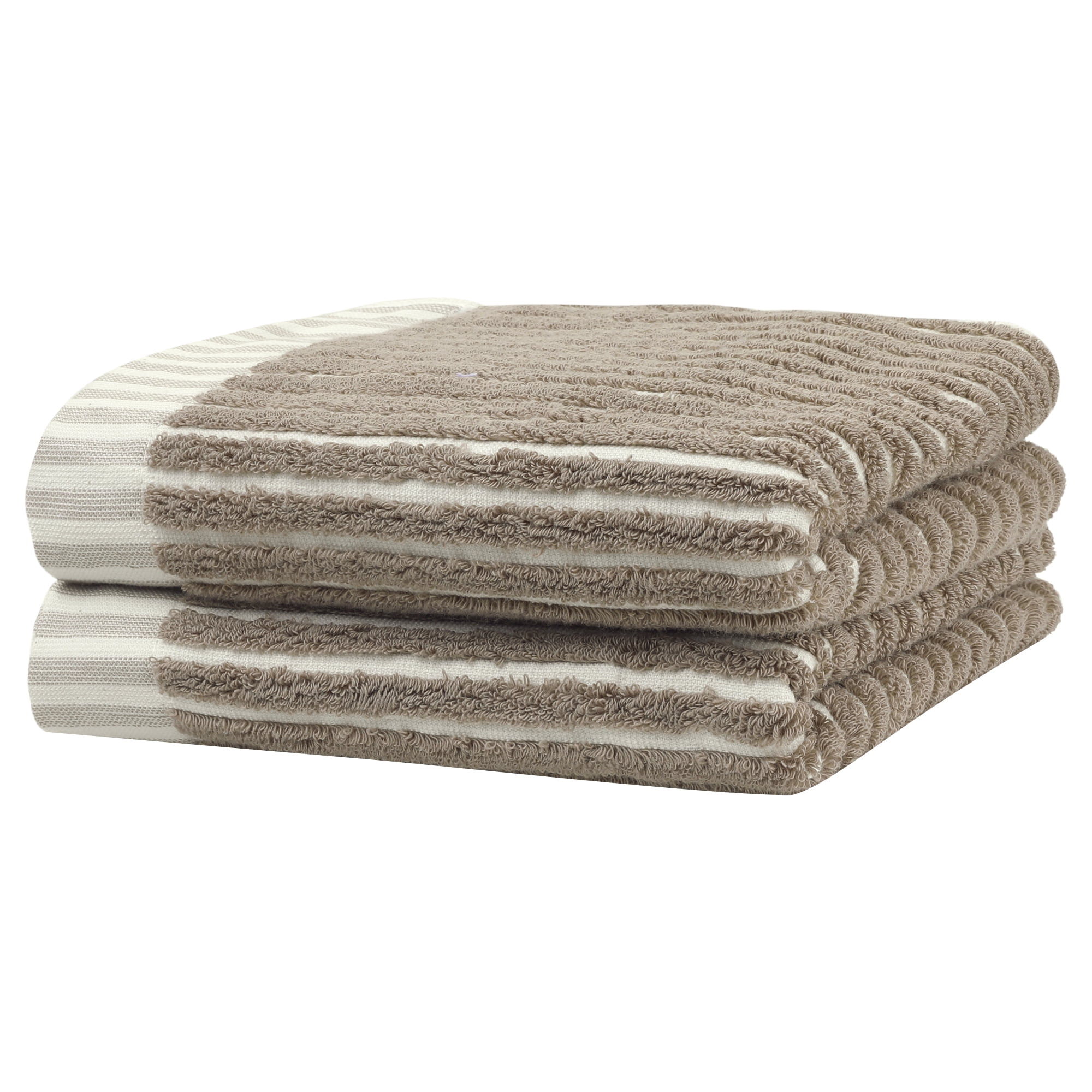 Unique Bargains Cotton Striped Hand Towels Soft Quick Drying Kitchen Towel 14" x 32" Khaki 2pk