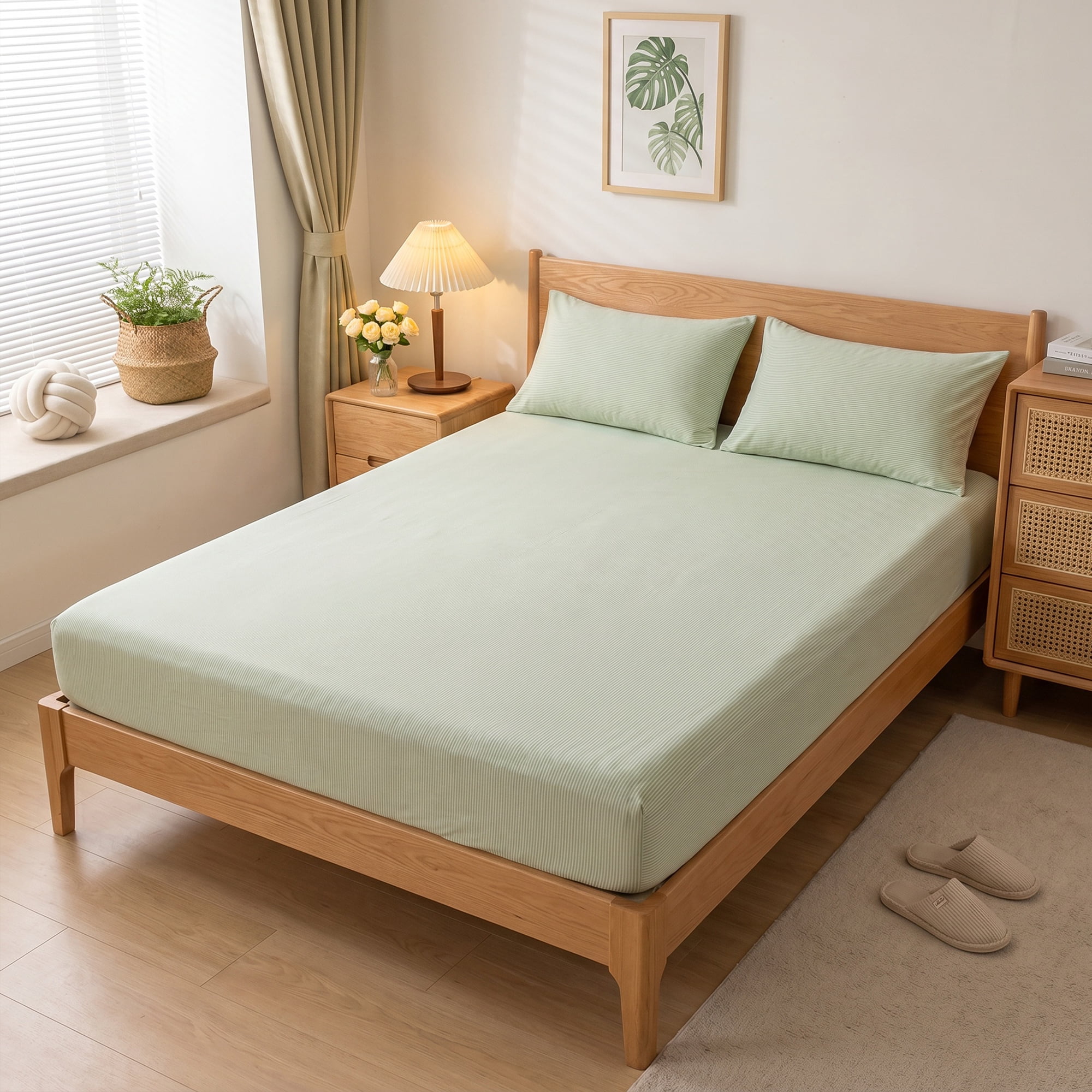 Unique Bargains Cotton Stripes Bed Sheets Cooling and Soft 35.4"x74.8" Pea Green
