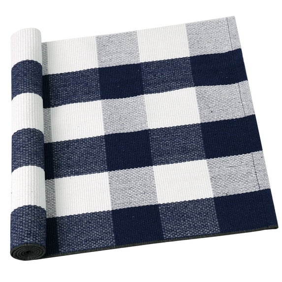 Unique Bargains Cotton Woven Checkered Area Floor Rug Carpet Mat Navy & White 51"x24"