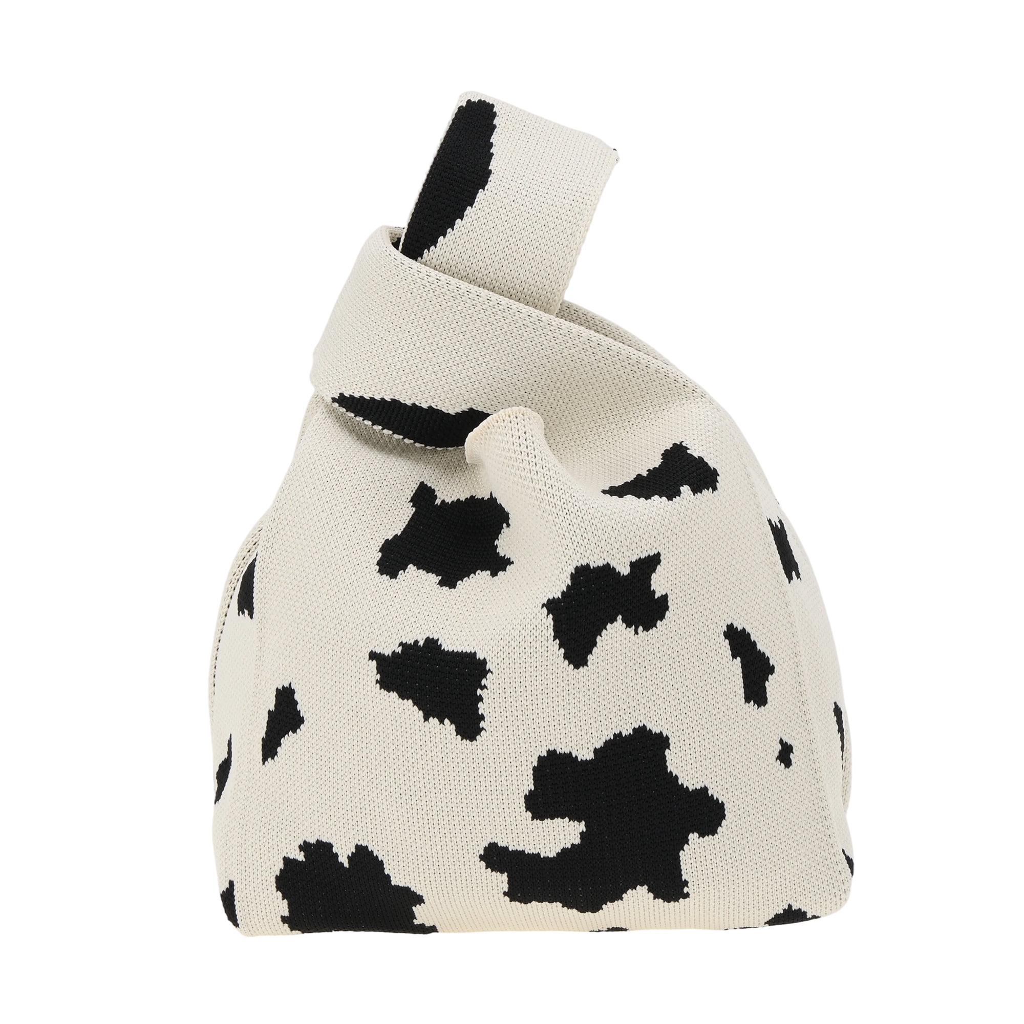 Unique Bargains Cow Pattern Knitted Wrist Bag Beige Black 1 Pc