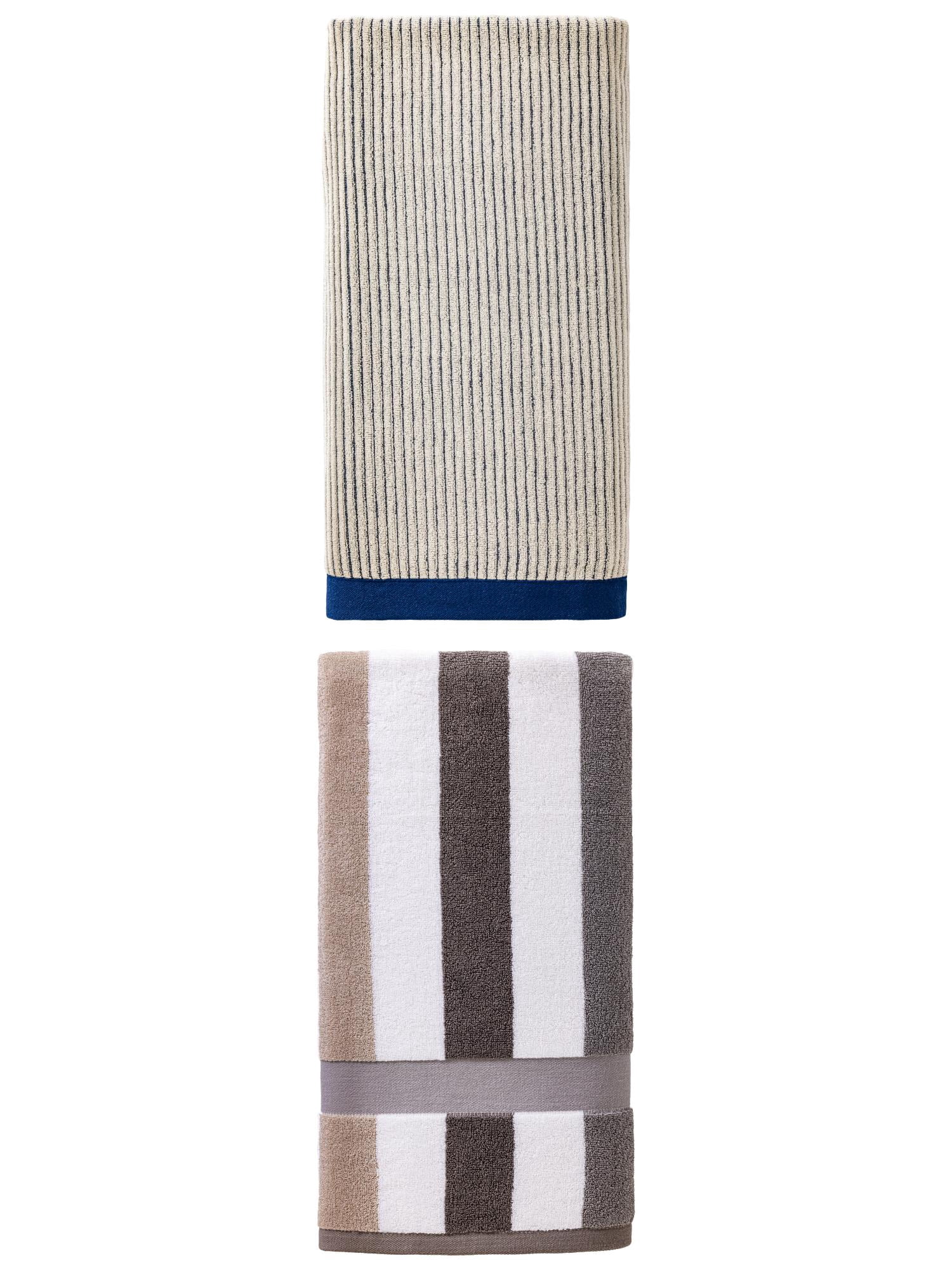 Unique Bargains Cozy Premium Absorbent Pure Cotton Striped Bath Towel 2 Pack Blue/Grey 55" x 28"