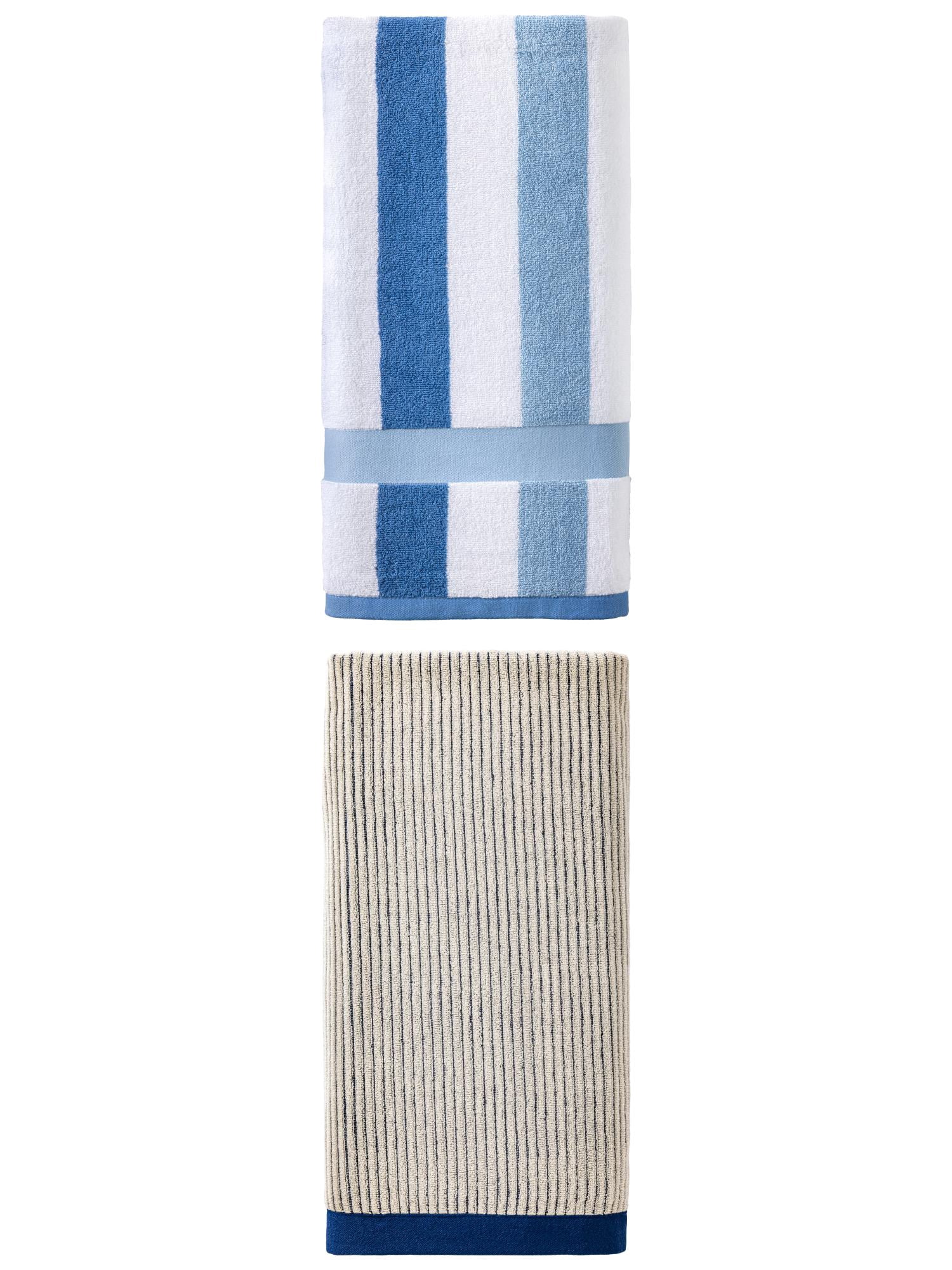 Unique Bargains Cozy Premium Absorbent Pure Cotton Striped Bath Towel 2 Pack Blue/Royal Blue 55" x 28"