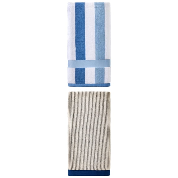 Unique Bargains Cozy Premium Absorbent Pure Cotton Striped Bath Towel 2 Pack Blue/Royal Blue 55" x 28"