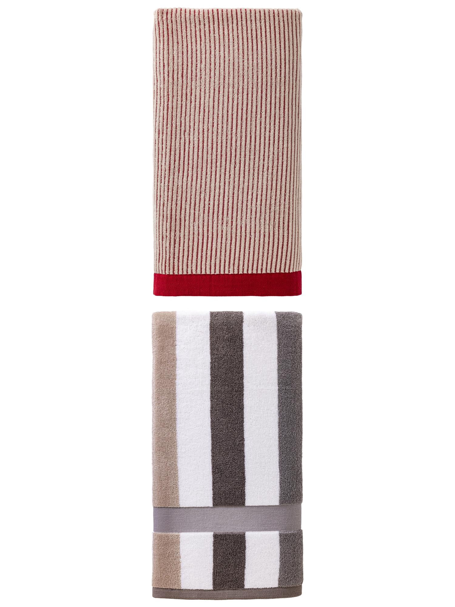 Unique Bargains Cozy Premium Absorbent Pure Cotton Striped Bath Towel 2 Pack Red/Grey 55" x 28"