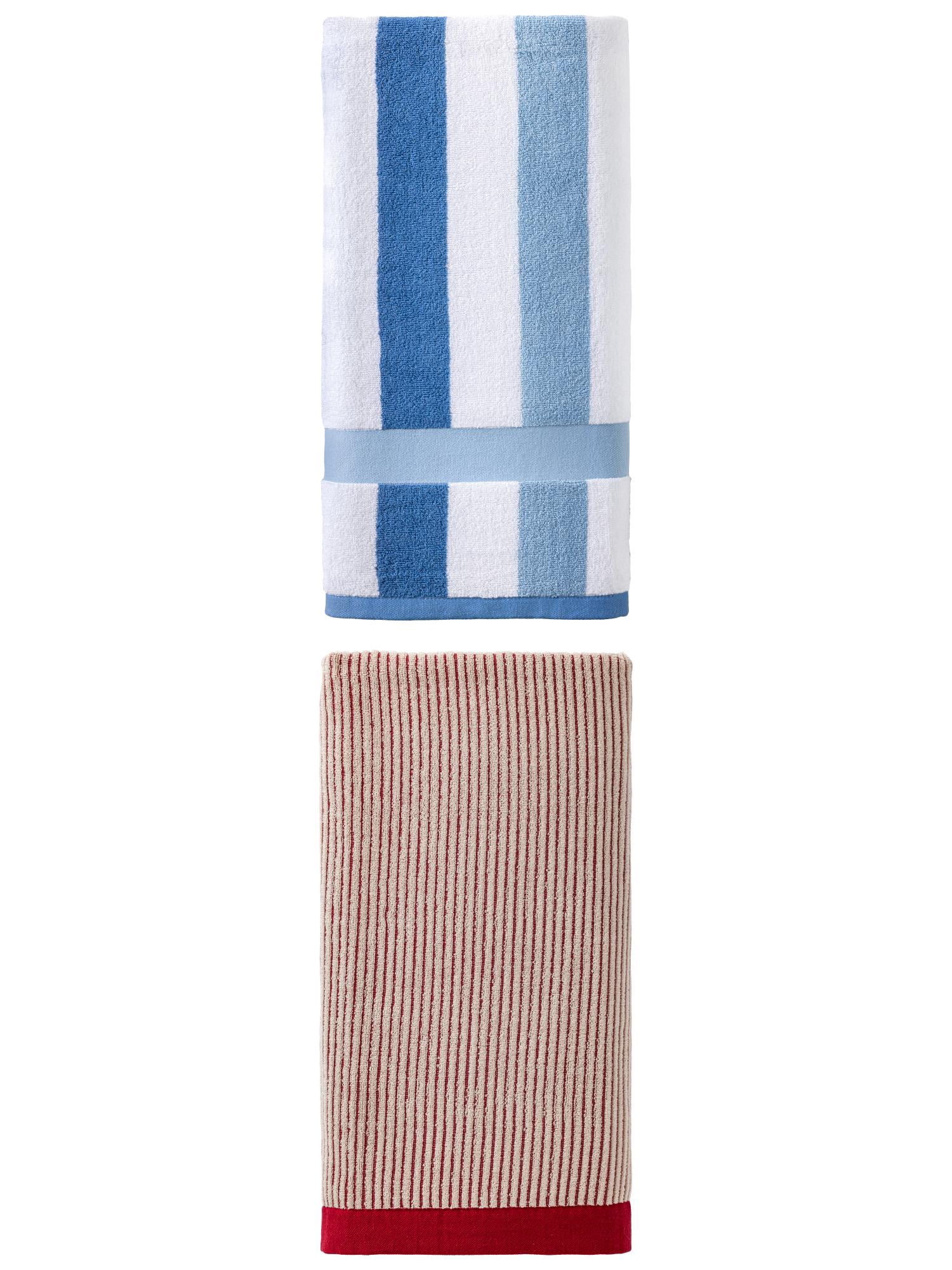 Unique Bargains Cozy Premium Absorbent Pure Cotton Striped Bath Towel 2 Pack Red/Royal Blue 55" x 28"
