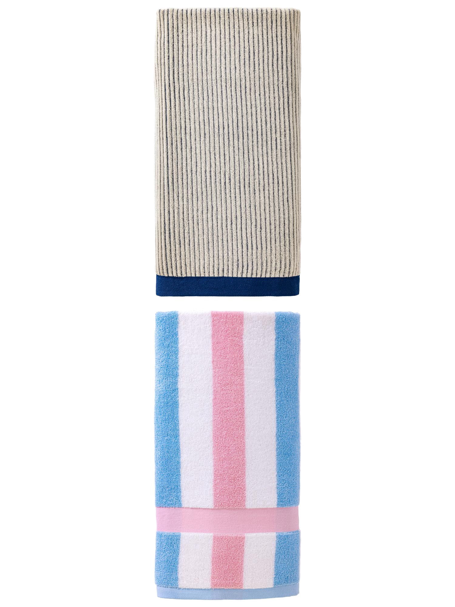 Unique Bargains Cozy Pure Cotton Striped Bath Towel 2 Pack Blue/Pink 55" x 28"