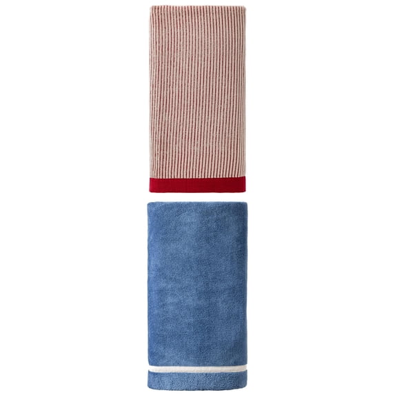 Unique Bargains 2Pcs Soft Quick Dry Coral Fleece Bath Towel Dark Blue/Red 63"x31"/55"x28"